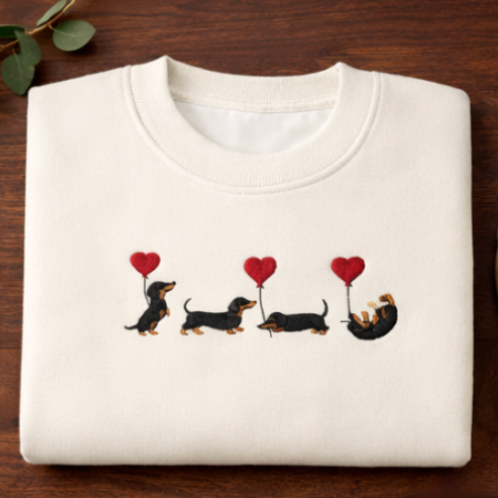 dachshund with heart balloons