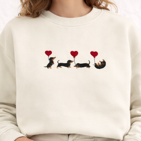 "dachshund with heart balloons" crewneck